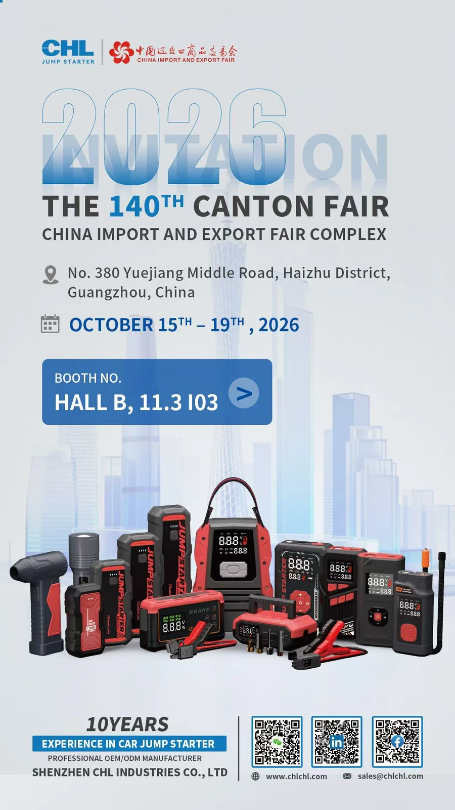 CHL alla 140ª Fiera di Canton: 15–19 ottobre 2026, stand 11.3 I03, padiglione B — photo 1 of 1